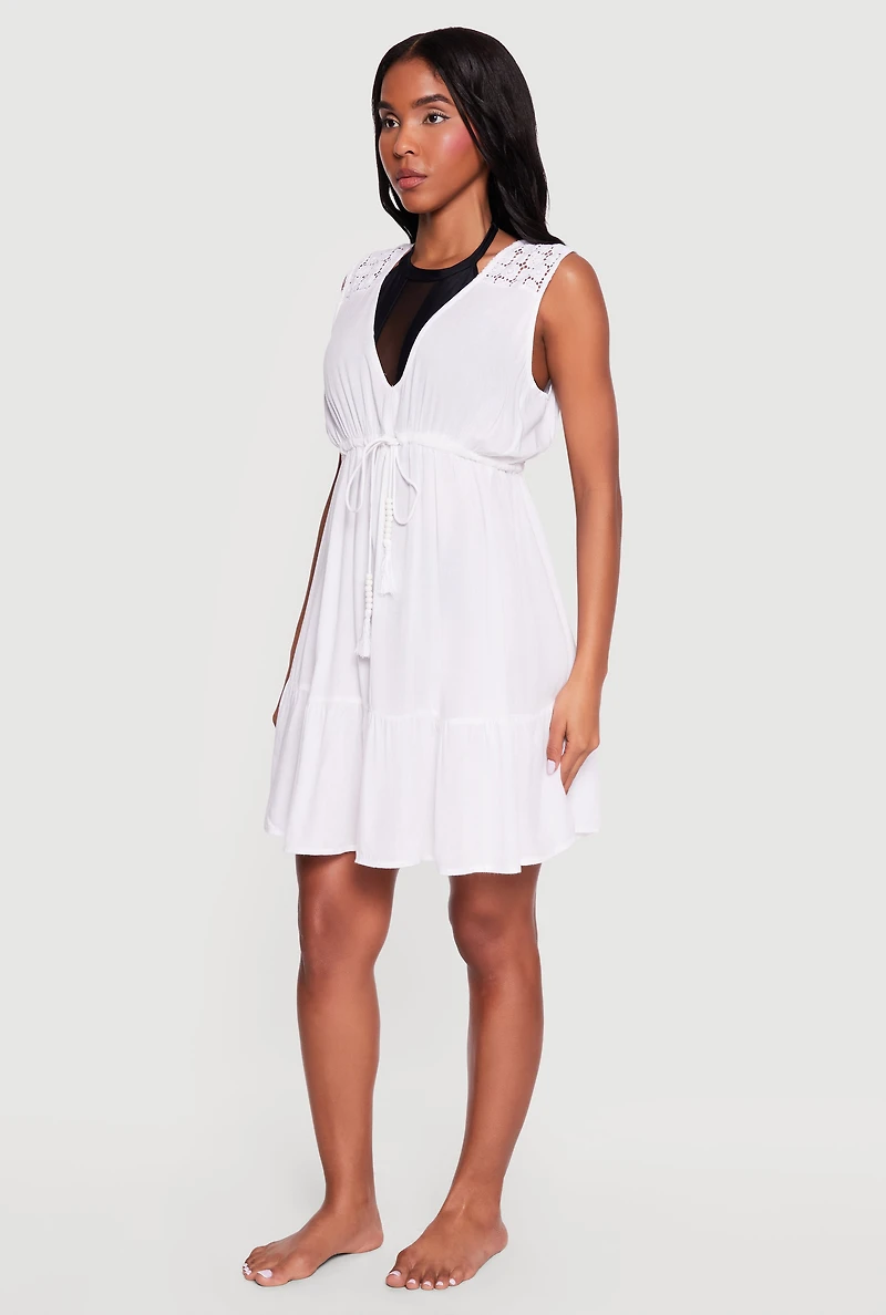 Crochet Detail Drawstring Tie Front Cover Up Dress