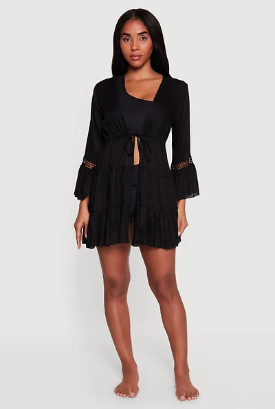 Bell Sleeve Tiered Tie Front Cover Up Kimono