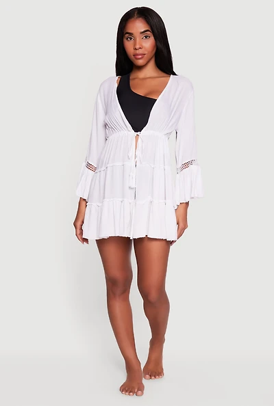Bell Sleeve Tiered Tie Front Cover Up Kimono