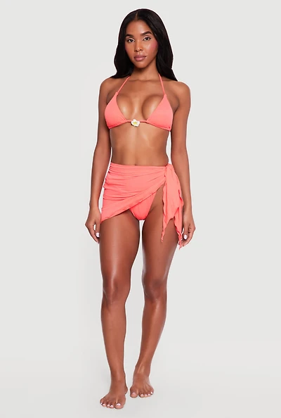 Lettuce Edge Textured Knit Side Tie Sarong Cover Up