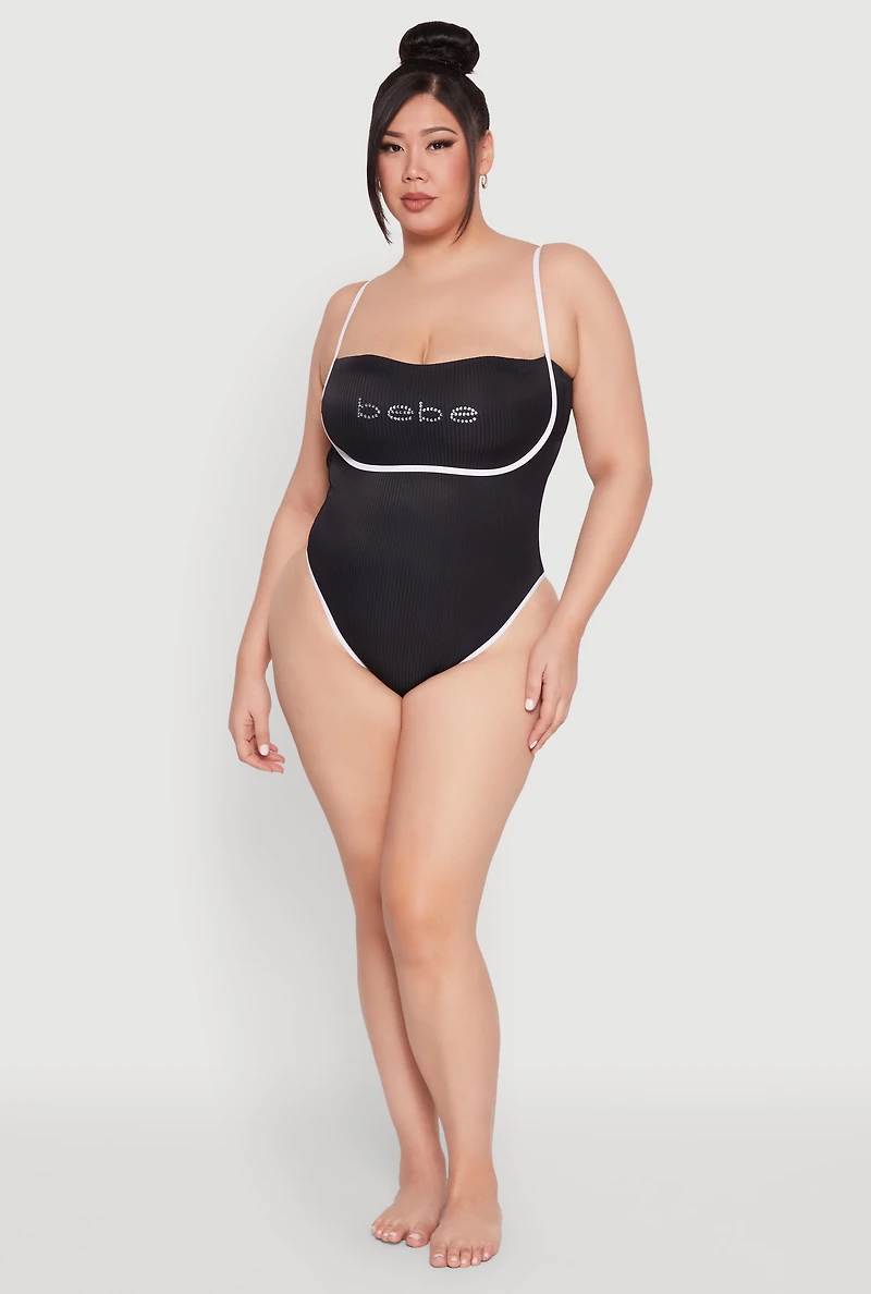 Plus Bebe Rhinestone Tie Back One Piece Swimsuit