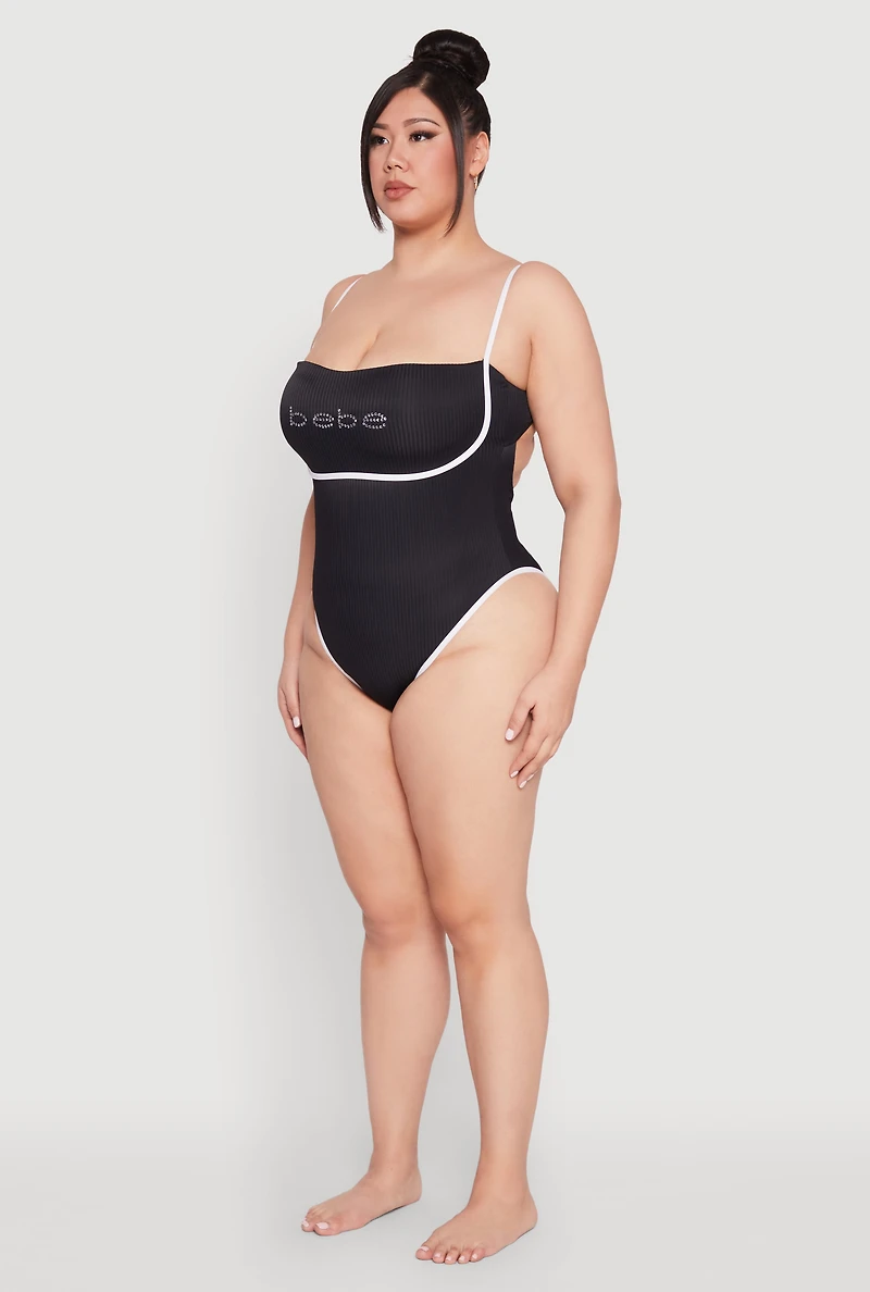 Plus Bebe Rhinestone Tie Back One Piece Swimsuit