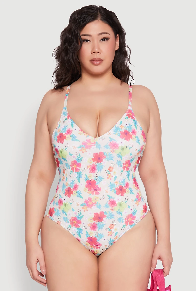 Womens Plus Size Tropical Floral Print One Piece Swimsuit, Multi, Size 1X