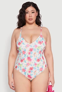 Womens Plus Size Tropical Floral Print One Piece Swimsuit, Multi, Size 1X