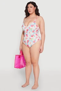 Womens Plus Size Tropical Floral Print One Piece Swimsuit, Multi, Size 1X