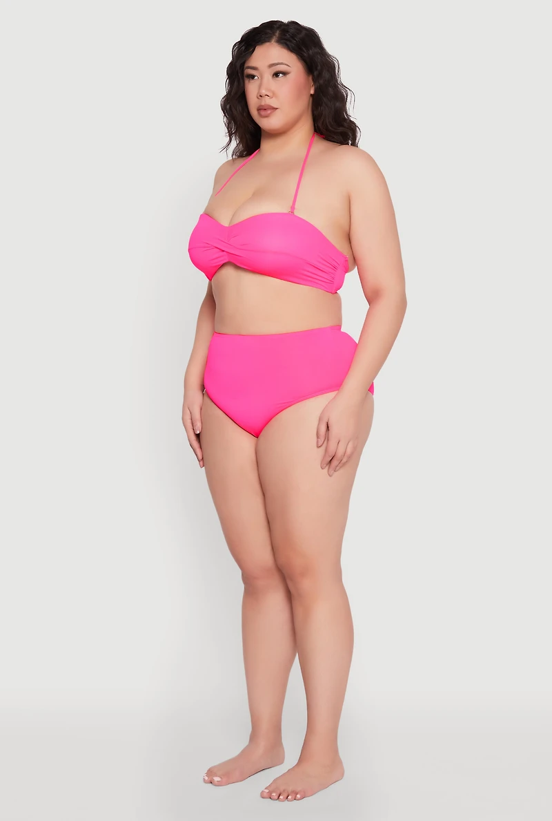 Womens Plus Size Twist Front Halter Bandeau Bikini Top, Pink, Size 1X