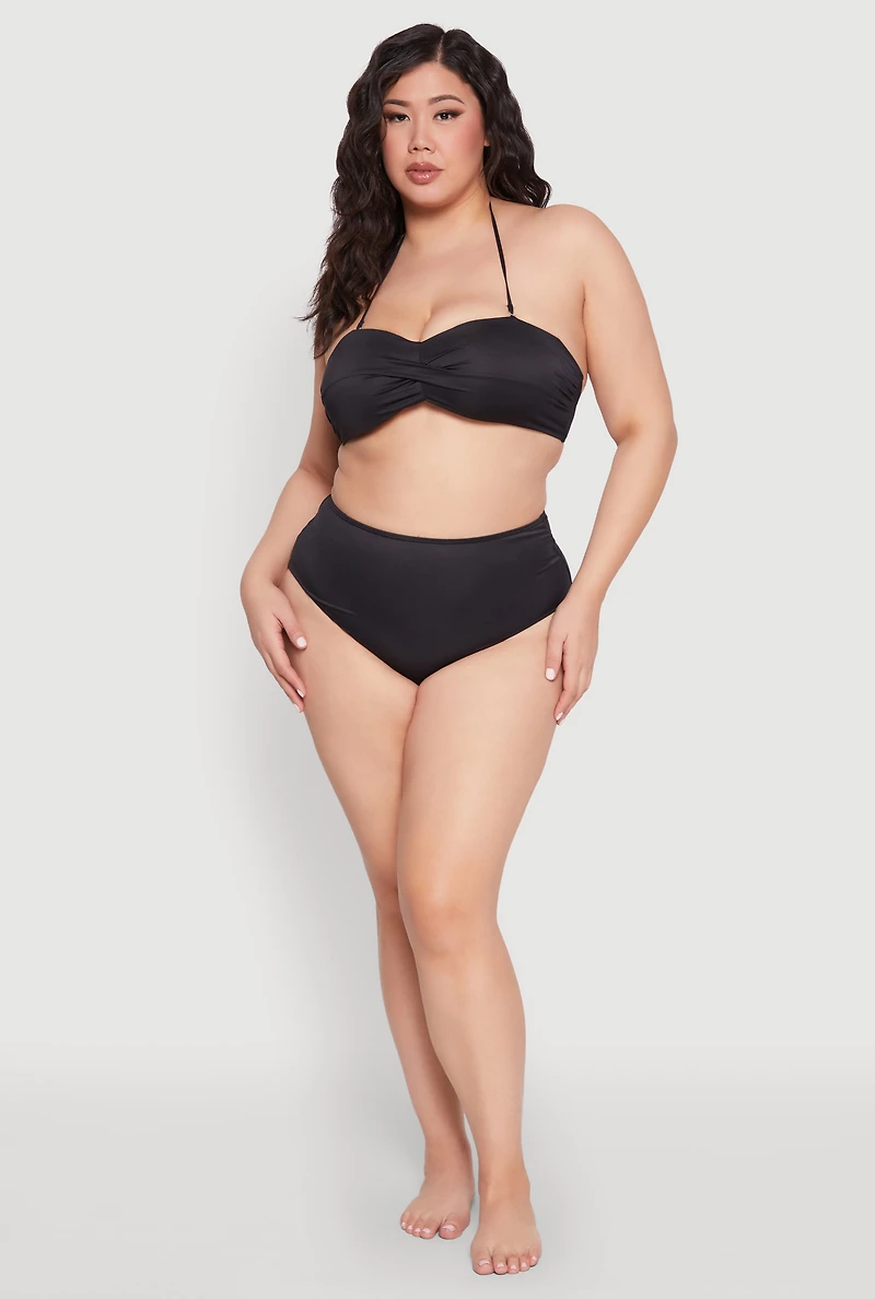 Womens Plus Size Halter Neck Bandeau Bikini Top, Black, Size 1X