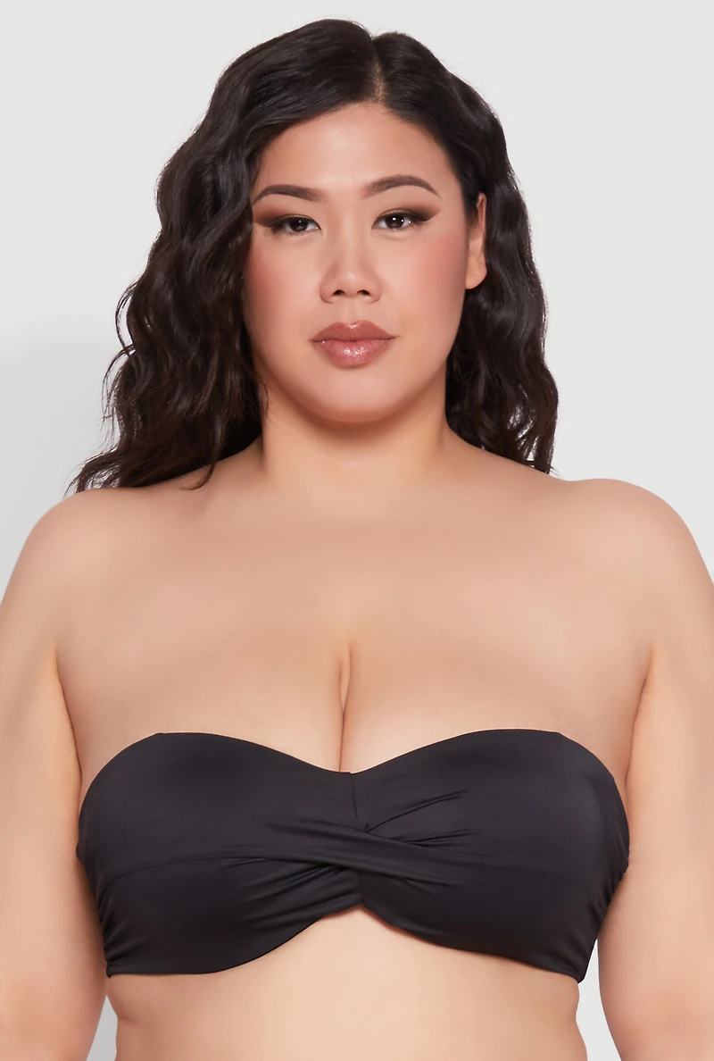 Womens Plus Size Halter Neck Bandeau Bikini Top, Black, Size 1X