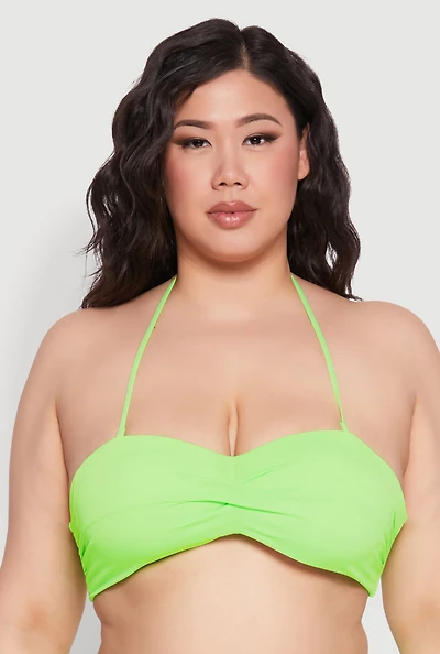 Womens Plus Size Solid Halter Neck Bandeau Bikini Top, Green, Size 1X