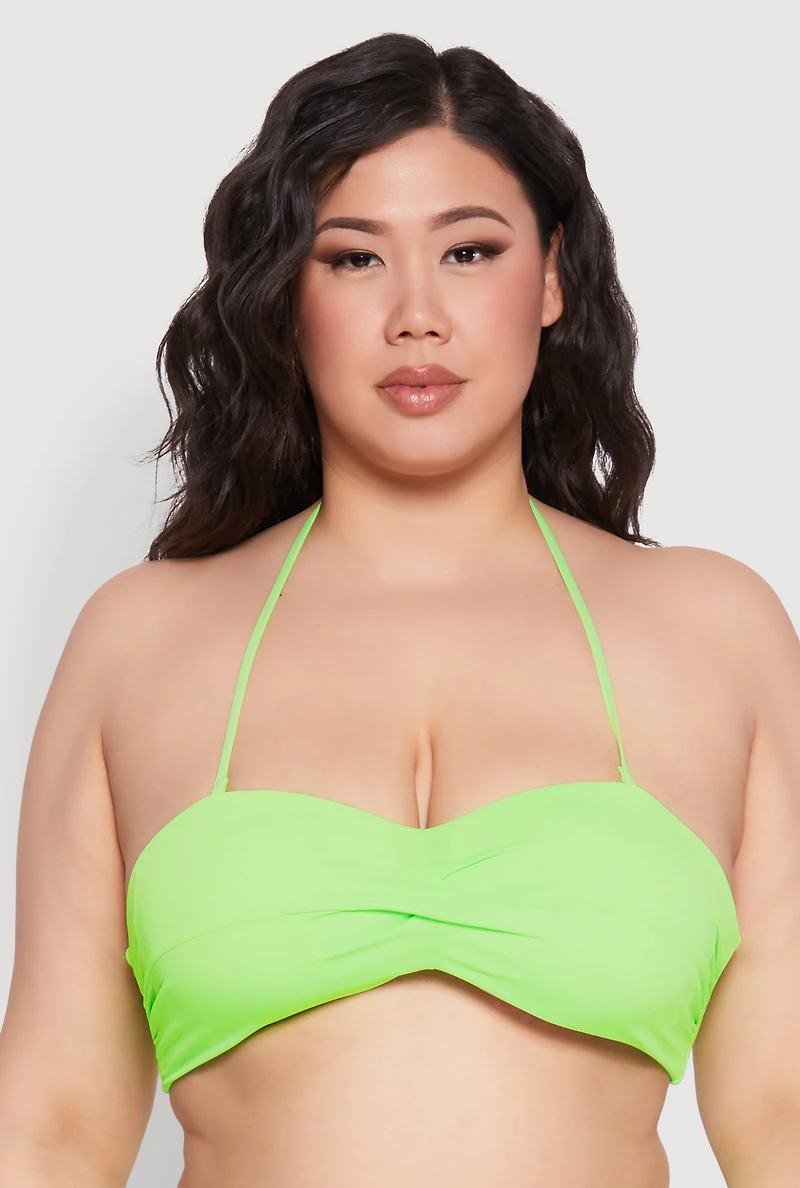 Plus Solid Halter Neck Bandeau Bikini Top