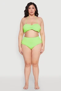 Womens Plus Size Solid Halter Neck Bandeau Bikini Top, Green, Size 1X