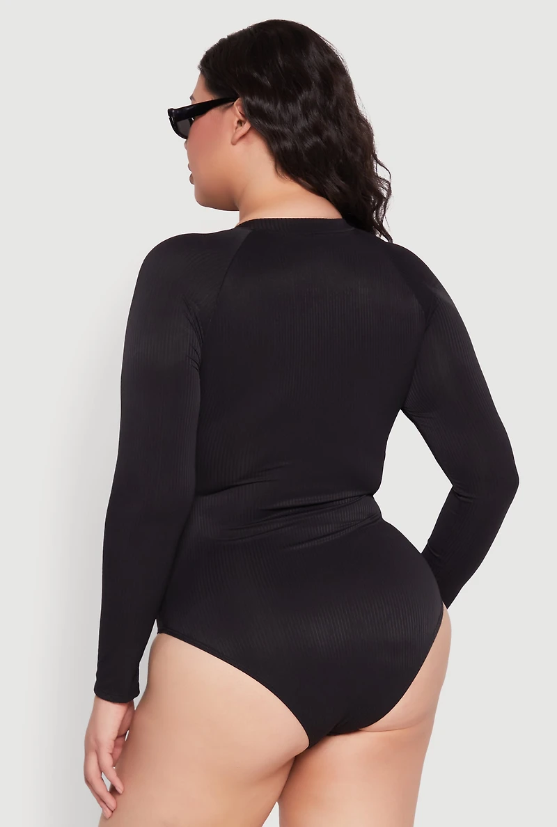 Plus Zip Front Rash Guard One Piece Swimsuit