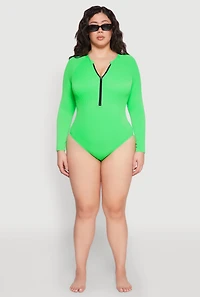 Womens Plus Size Zip Front Rash Guard One Piece Swimsuit, Green, Size 1X