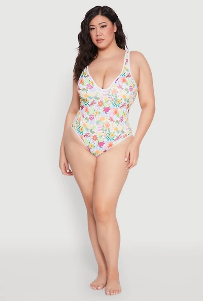 Womens Plus Size Turtle Tropical Floral Print One Piece Swimsuit, Multi, Size 1X