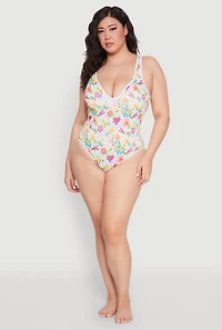 Womens Plus Size Turtle Tropical Floral Print One Piece Swimsuit, Multi, Size 1X