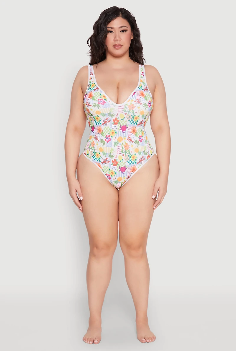 Womens Plus Size Turtle Tropical Floral Print One Piece Swimsuit, Multi, Size 1X