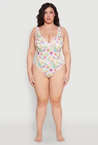 Womens Plus Size Turtle Tropical Floral Print One Piece Swimsuit, Multi, Size 1X