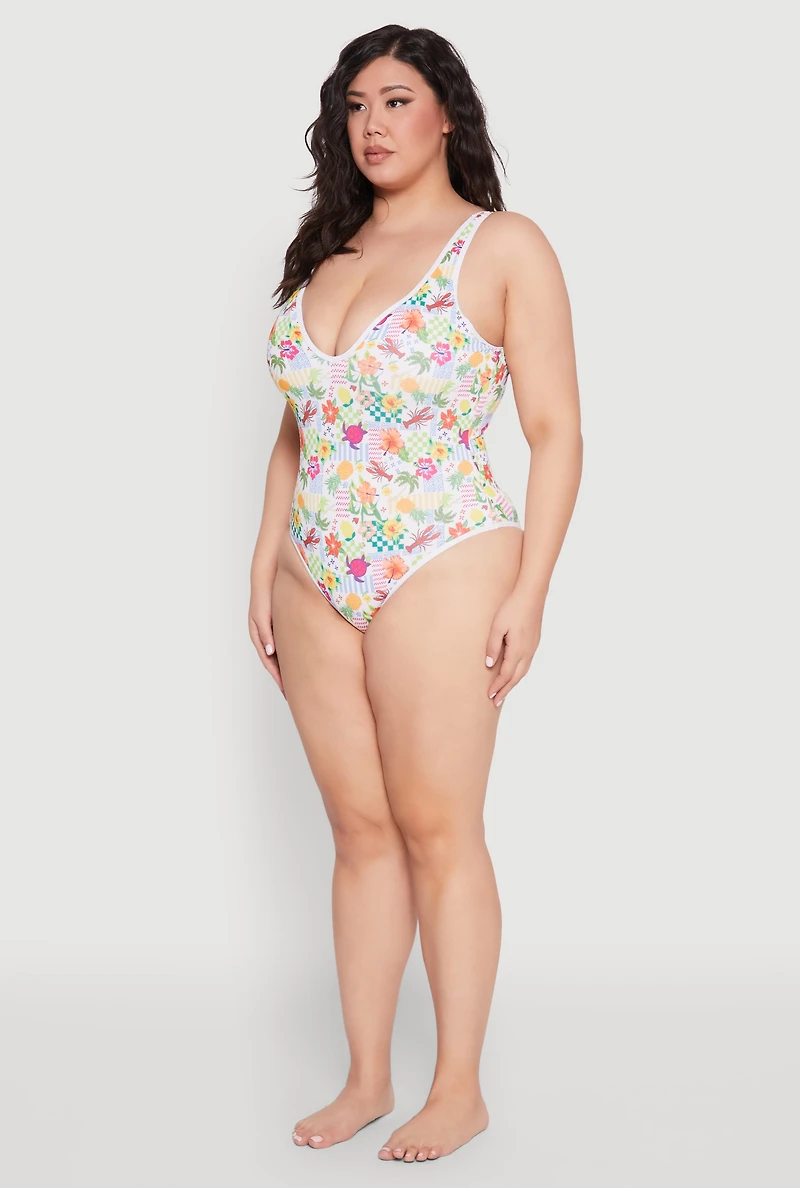 Womens Plus Size Turtle Tropical Floral Print One Piece Swimsuit, Multi, Size 1X