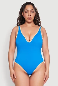 Womens Plus Size Contrast Trim High Cut One Piece Swimsuit, Blue, Size 2X