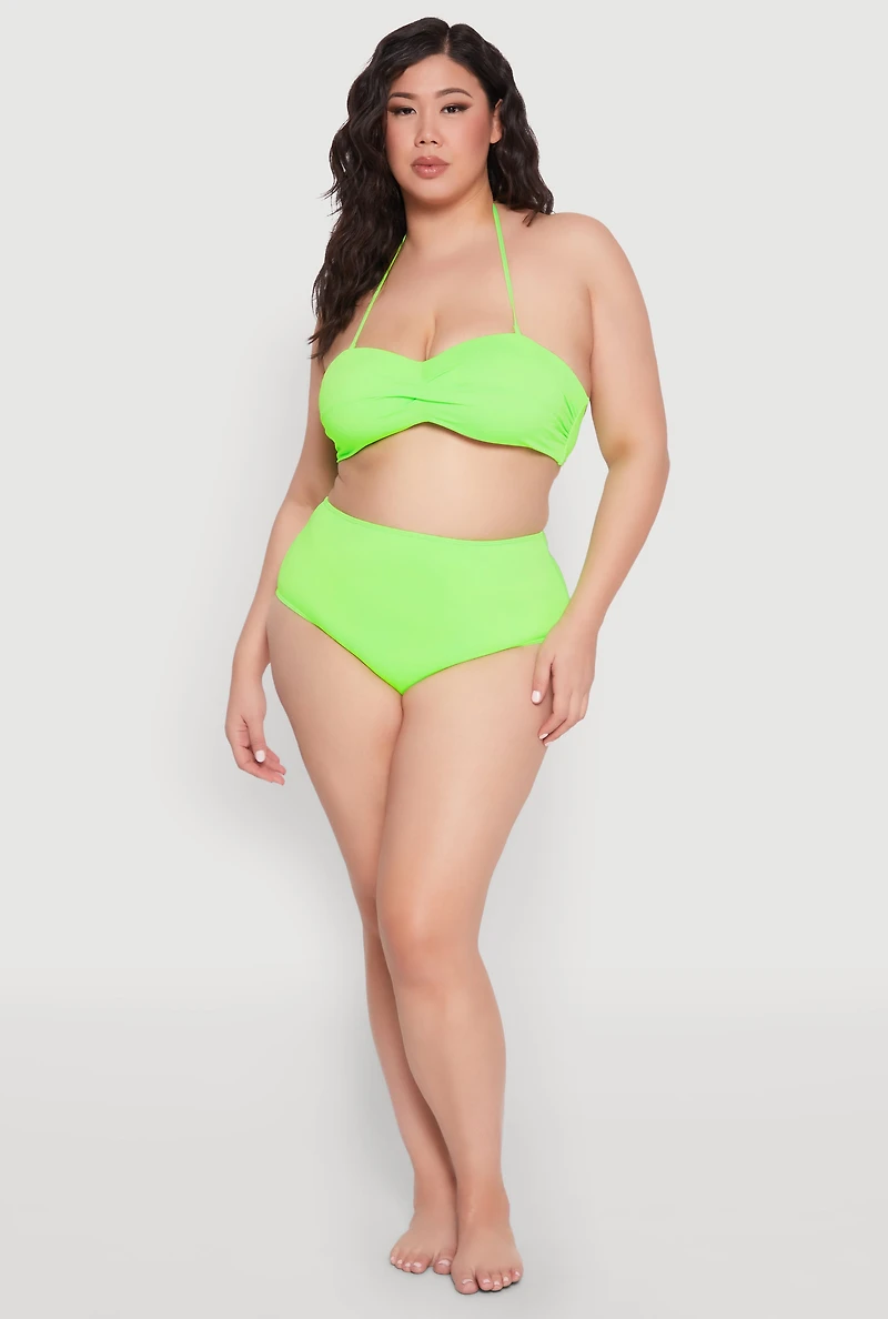 Womens Plus Size Neon High Waist Swim Bikini Bottoms, Green, Size 1X