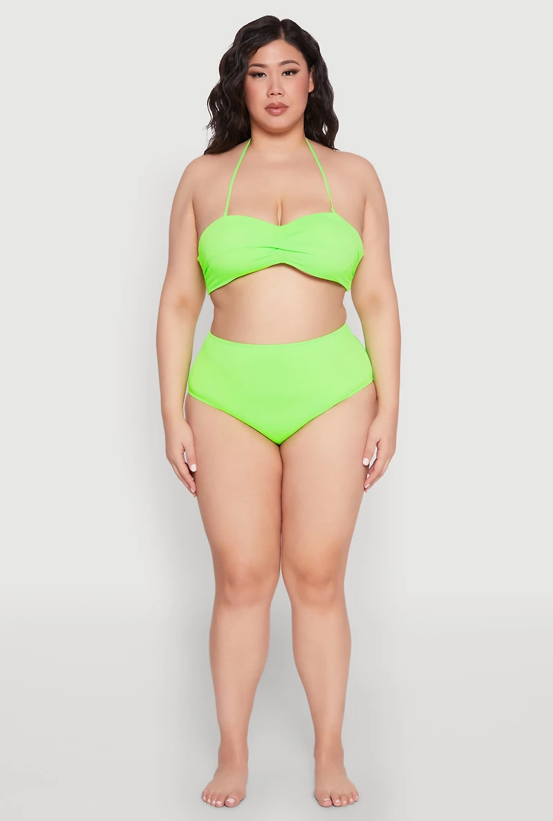 Womens Plus Size Neon High Waist Swim Bikini Bottoms, Green, Size 1X