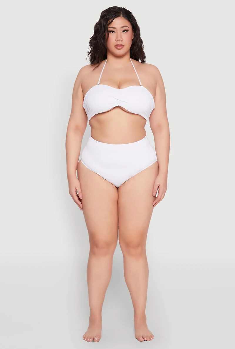 Womens Twist Front Halter Neck Bandeau Bikini Top, White, Size 1X