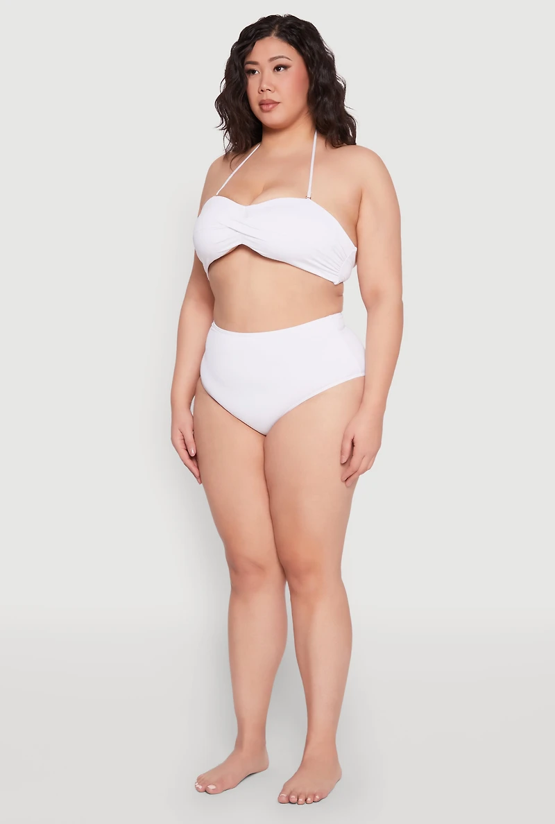 Womens Twist Front Halter Neck Bandeau Bikini Top, White, Size 1X