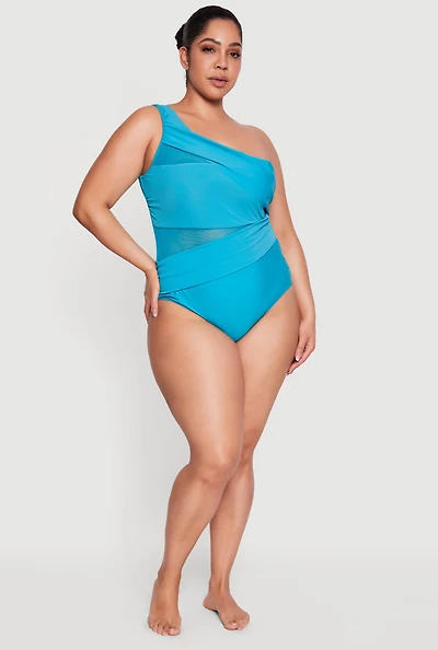 Plus Mesh Detail One Shoulder Piece Swimsuit