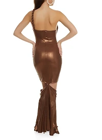 Womens Lurex One Shoulder Braided Maxi Dress, Brown, Size M