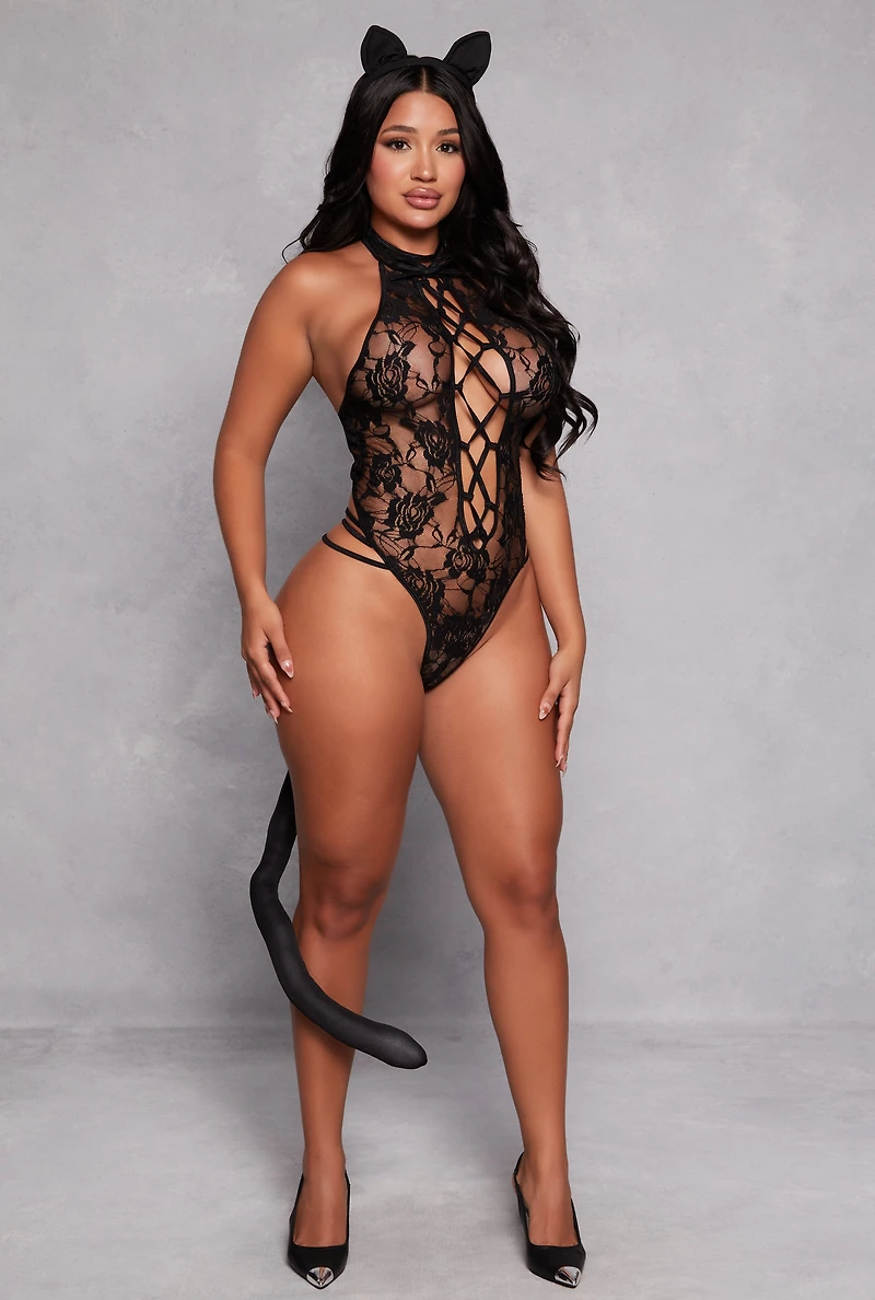 Womens Sexy Lace Kitty Costume, Black, Size M-L