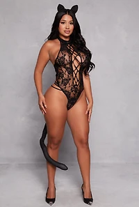 Womens Sexy Lace Kitty Costume, Black, Size M-L