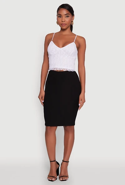 Womens Ambiance Lace Overlay Cropped V Neck Cami, White, Size M