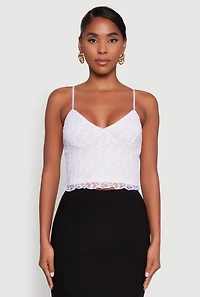 Womens Ambiance Lace Overlay Cropped V Neck Cami, White, Size L