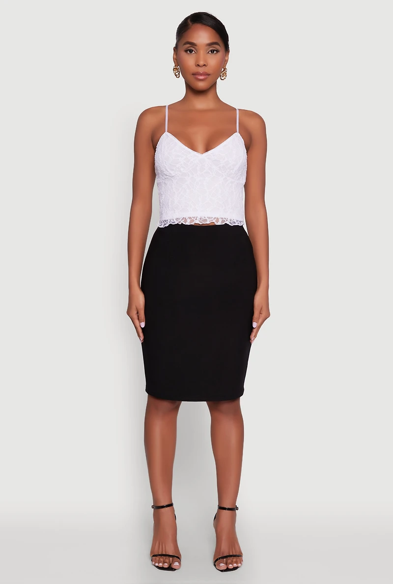 Womens Ambiance Lace Overlay Cropped V Neck Cami, White, Size M