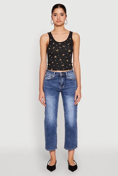 Womens Ribbed Knit Floral Print Tank Top,