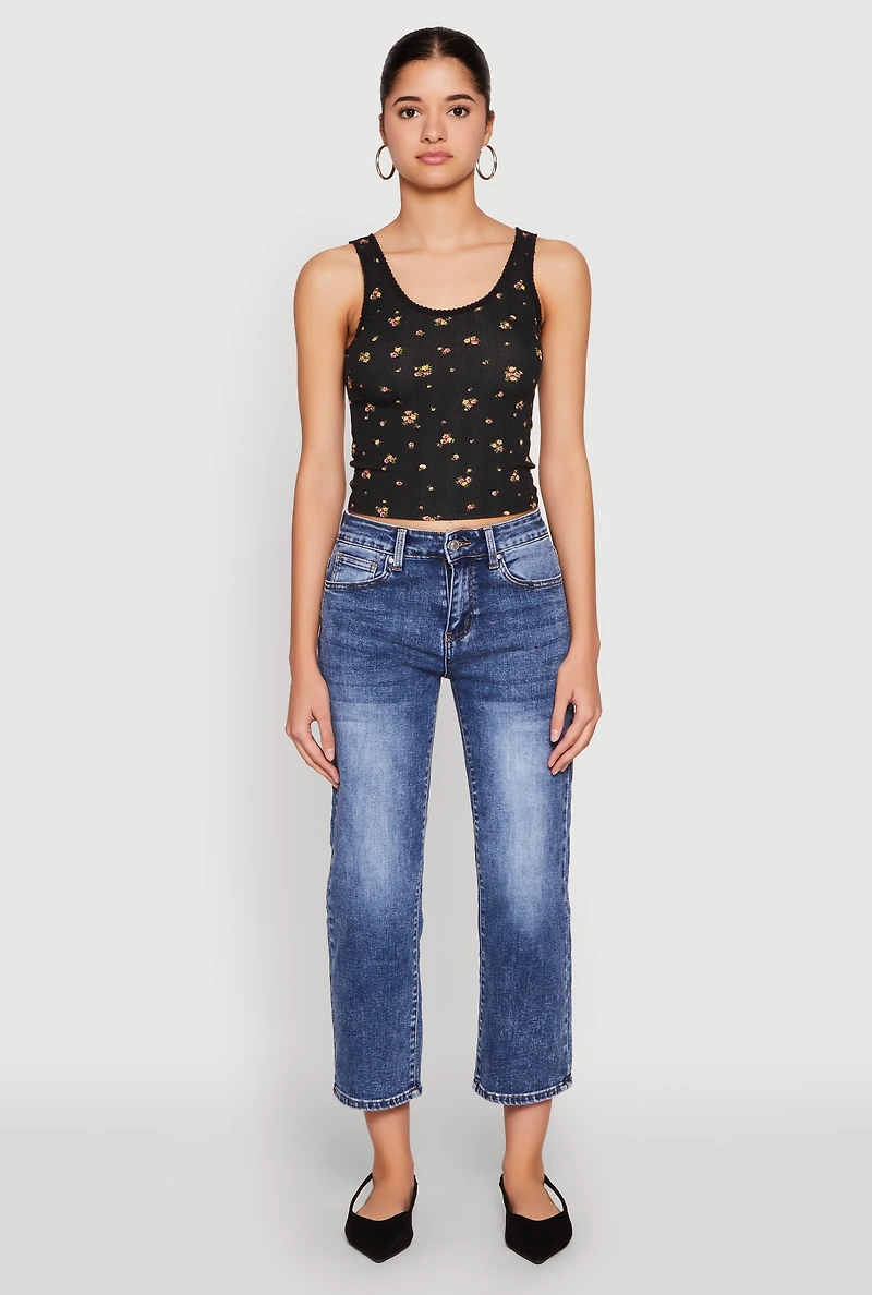 Ribbed Knit Floral Print Tank Top