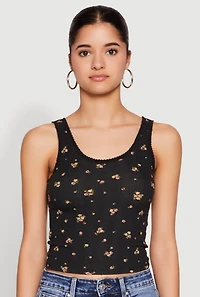 Womens Ribbed Knit Floral Print Tank Top, Black, Size L
