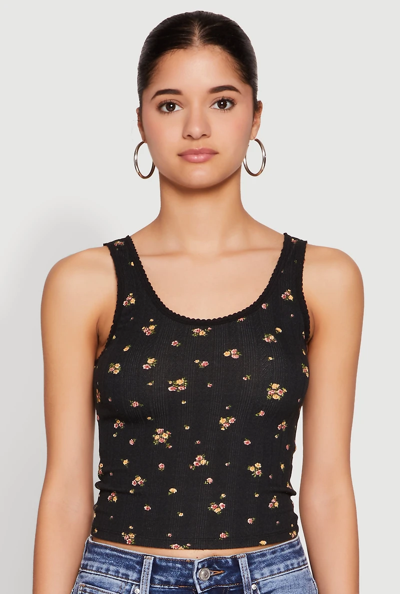 Womens Ribbed Knit Floral Print Tank Top,