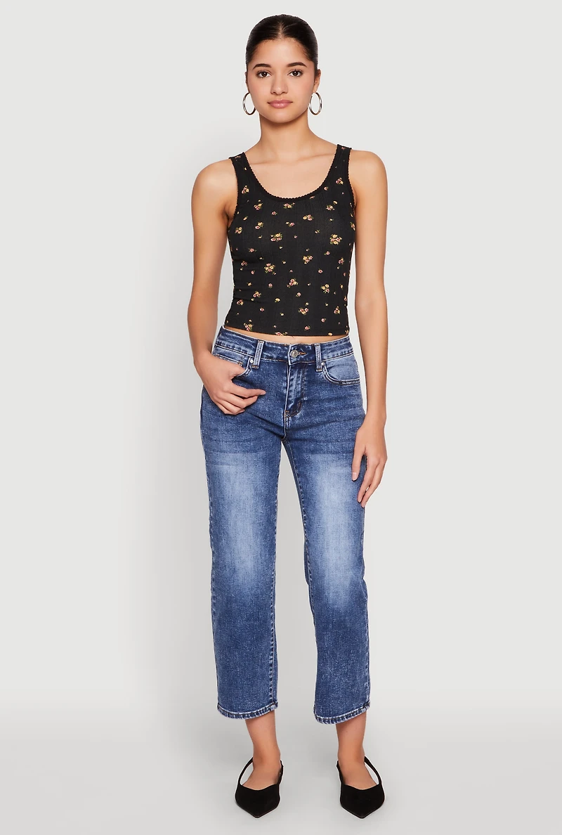 Womens Ribbed Knit Floral Print Tank Top,
