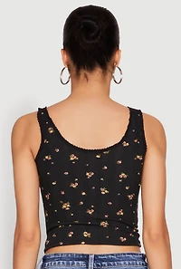 Womens Ribbed Knit Floral Print Tank Top, Black, Size L