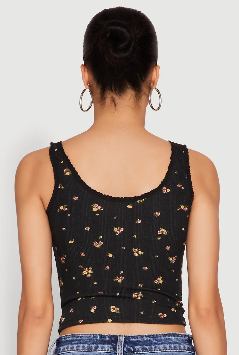 Womens Ribbed Knit Floral Print Tank Top,