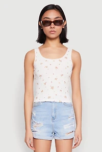 Womens Ribbed Knit Floral Print Tank Top, White, Size S