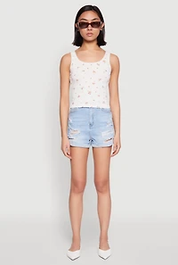 Womens Ribbed Knit Floral Print Tank Top, White, Size S