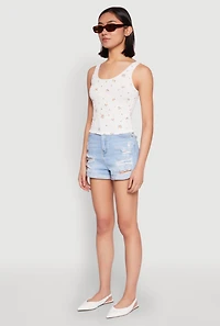 Womens Ribbed Knit Floral Print Tank Top, White, Size S