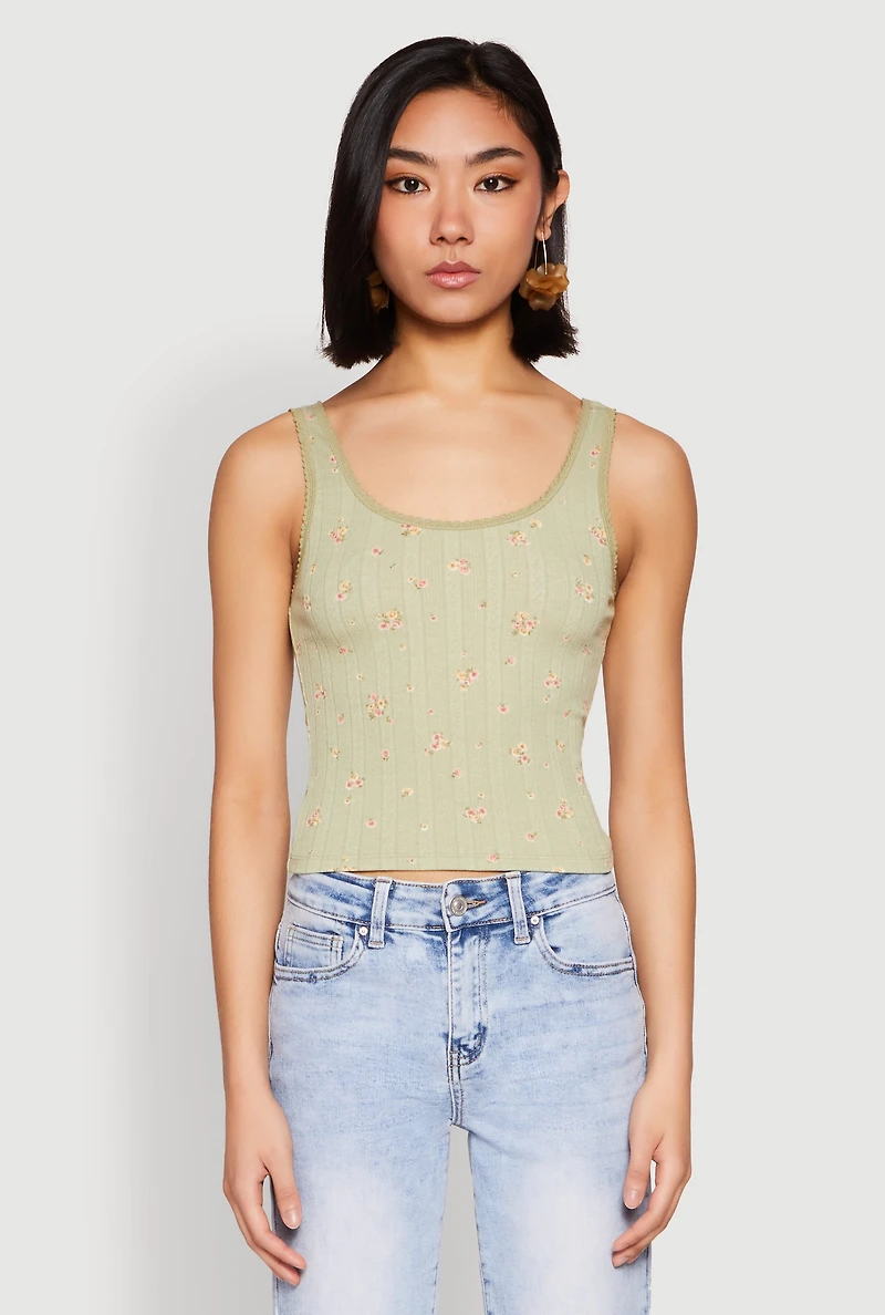 Womens Ribbed Knit Floral Print Tank Top, Green, Size L
