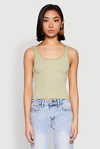 Womens Ribbed Knit Floral Print Tank Top, Green, Size L