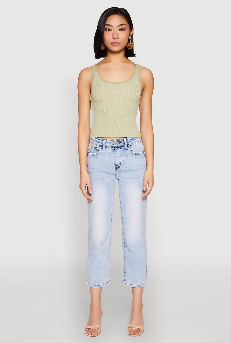 Womens Ribbed Knit Floral Print Tank Top, Green, Size L