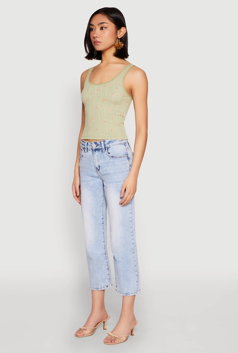 Womens Ribbed Knit Floral Print Tank Top,