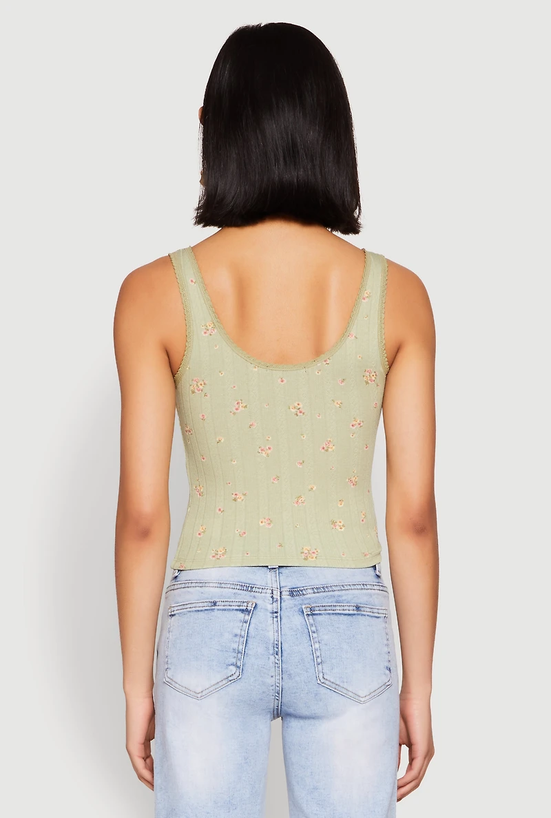 Womens Ribbed Knit Floral Print Tank Top, Green, Size L