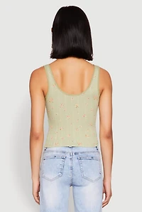 Womens Ribbed Knit Floral Print Tank Top, Green, Size L